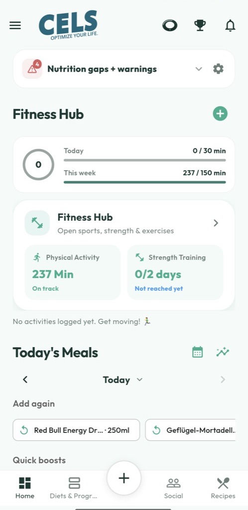 Dashboard Fitness Hub Einstieg